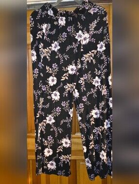 Pink Republic Black Wide-Leg Pants with Lavender & Cream Floral Print